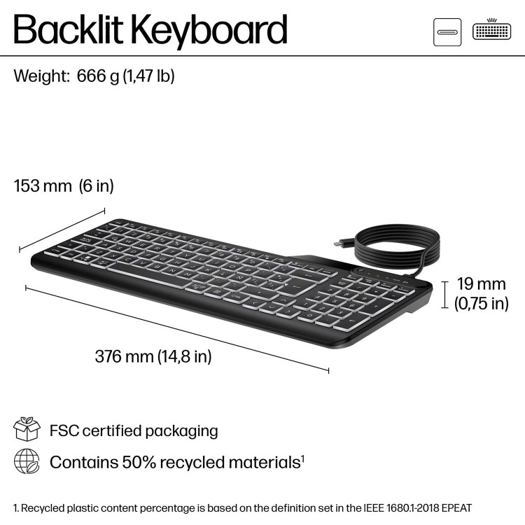 HP 405 Multi-Device Backlit Wired Keyboard