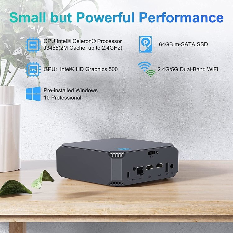 Refurbished NiPoGi Mini PC Intel Celeron J3455 4GB RAM 64GB SSD Windows 10 Pro Desktop PC