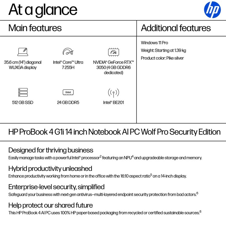 HP ProBook 4 G1i AI Intel Core Ultra 7 24GB RAM 512GB SSD 14 Inch Windows 11 Pro Laptop