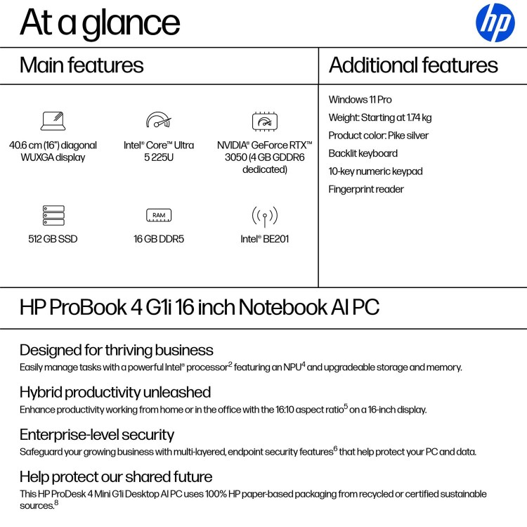 Hewlett Packard HP ProBook 4 G1i Notebook AI - Intel Core Ultra 5 - 225U / up to 4.8 GHz - Win 11 Pro - Intel Graphics - 16 GB RAM - 512 GB SSD NVMe - 16" IPS 1920 x 1200 - Ethernet - Wi-Fi 7 Blu