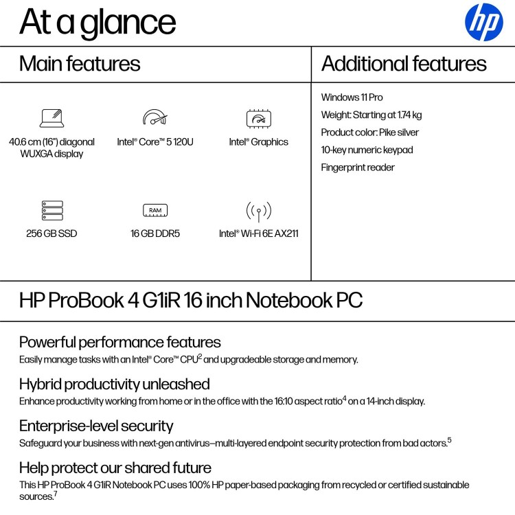 ProBook 4 G1iR 16 inch Notebook PC, 16", Windows 11 Pro, Intel Core™ 5, 16GB RAM, 256GB SSD, WUXGA