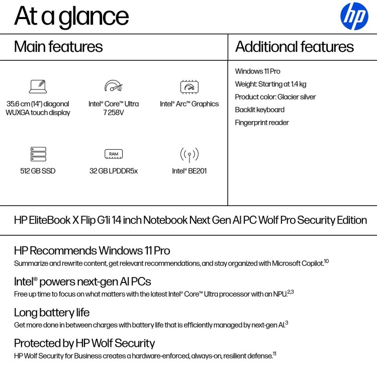 HP Elitebook X Intel Core Ultra 7 32GB RAM 512GB SSD 14 Inch Touchscreen Windows 11 Pro Laptop