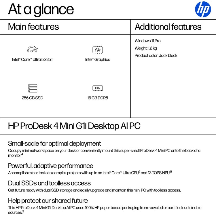 HP ProDesk 4 Mini G1i Intel Core Ultra 5 235T 16GB RAM 256GB SSD Windows 11 Pro Mini PC