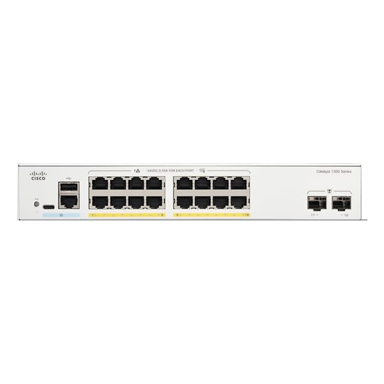 Cisco White Catalyst C1300-16P-2G 16-Port Poe Rack-Mountable Managed Switch