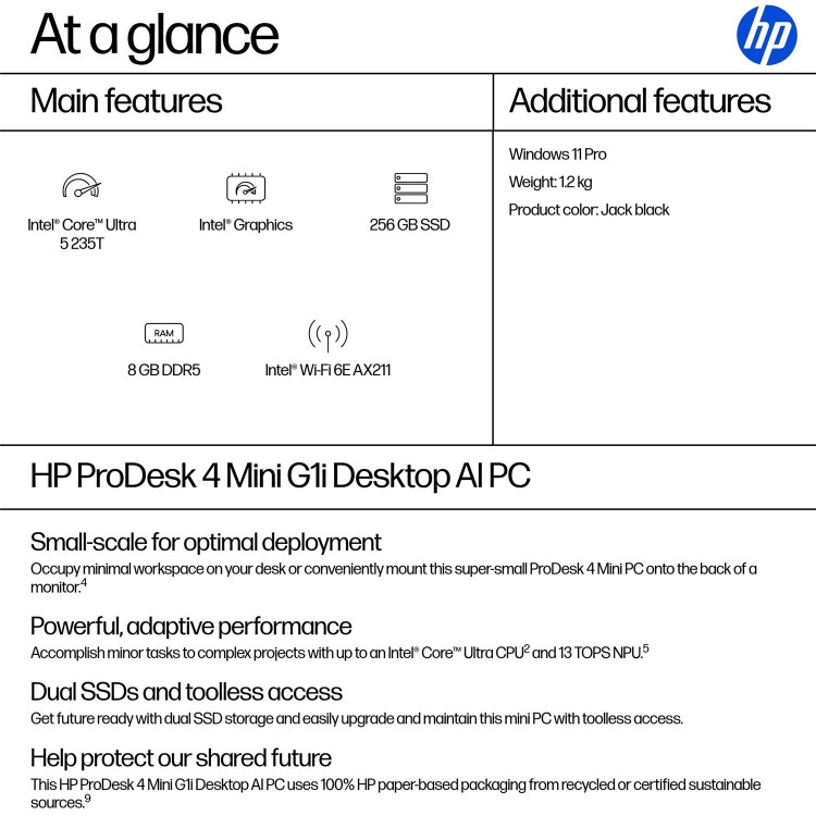 HP ProDesk 4 G1i Intel Core Ultra 5 235T 8GB RAM 256GB SSD Windows 11 Pro Mini PC