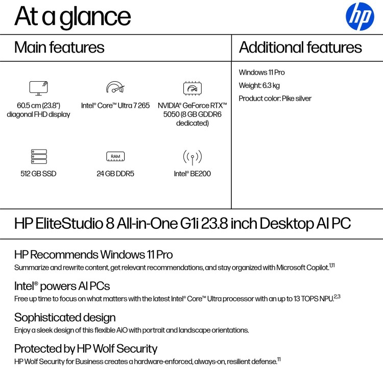 EliteStudio 8 All-in-One G1i 23.8 inch Desktop AI PC, 23.8", Windows 11 Pro, Intel Core™ Ultra 7, 24GB RAM, 512GB SSD, FHD