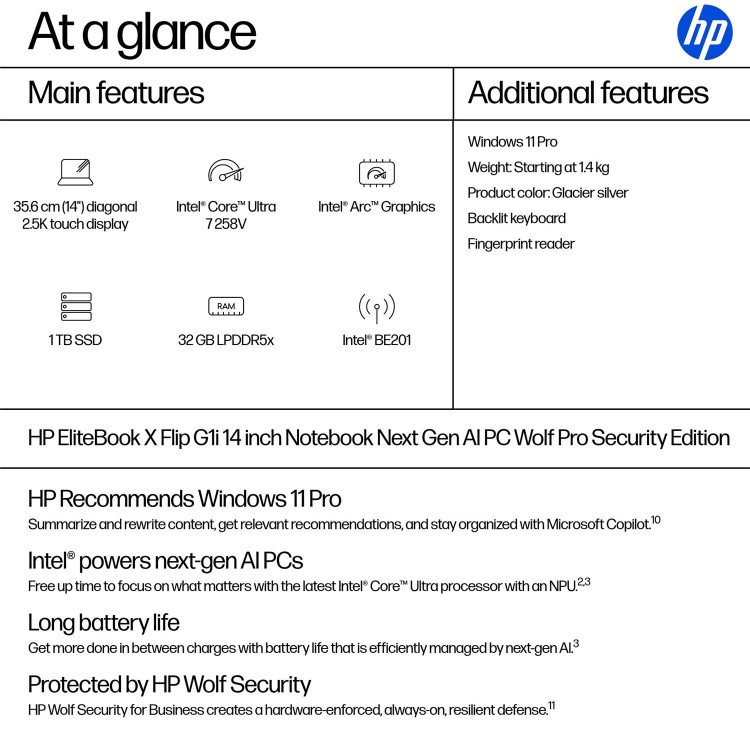 EliteBook X Flip G1i 14 inch Notebook Next Gen AI PC Wolf Pro Security Edition, 14", Touch screen, Windows 11 Pro, Intel Core™ Ultra 7, 32GB RAM, 1TB SSD, 2.5K