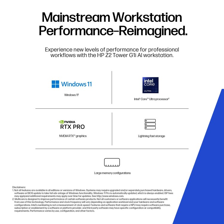 HP Z2 Tower G1i Intel Core Ultra 9 285K 32GB RAM 1TB SSD RTX PRO 2000 Blackwell Windows 11 Pro Workstation PC