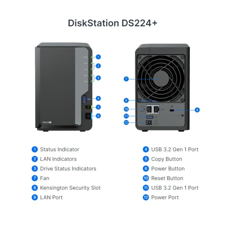 Synology DiskStation DS224+ 2GB RAM with 12TB Installed Storage 2 Bay SATA Desktop NAS