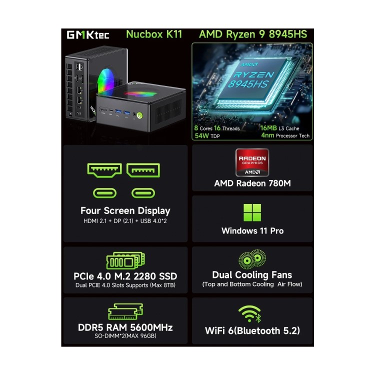 GMKTec NucBox K11 Ryzen 9 8945HS 16GB RAM 1TB SSD Windows 11 Pro Desktop PC