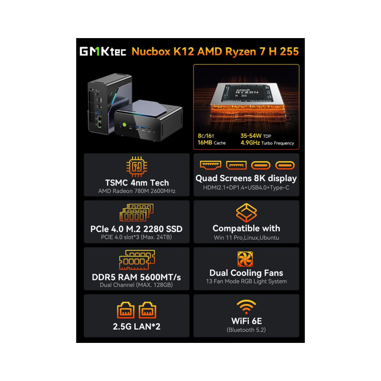 GMKTec NucBox K12 AMD Ryzen 7H 255 32GB RAM 1TB SSD Windows 11 Pro Desktop PC