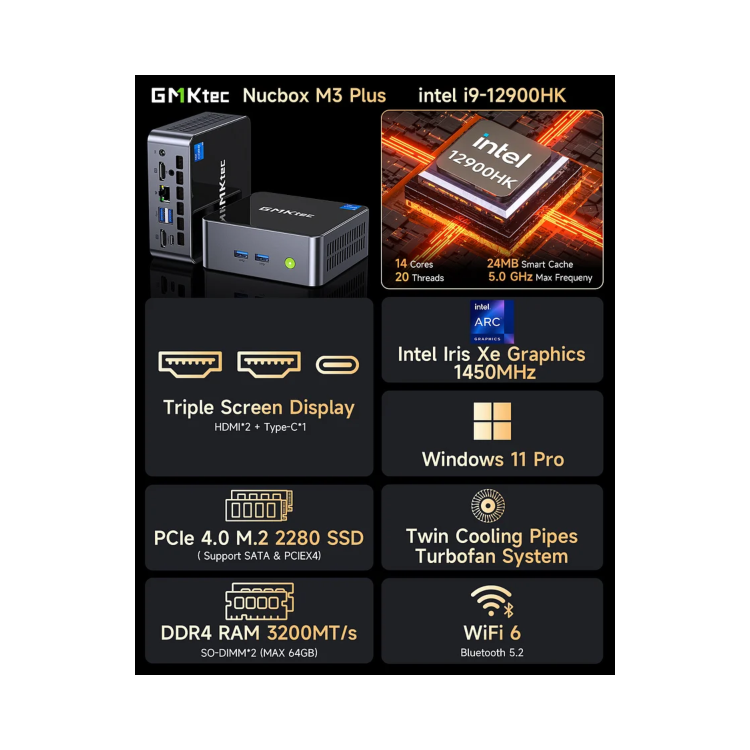 GMKTec NucBox M3 Plus Intel Core i9-12900HK 16GB RAM 1TB SSD Windows 11 Pro Desktop PC