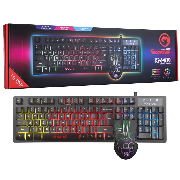 Marvo Scorpion KM409 7 Colour Rainbow LED Wired Gaming Keyboard & Mouse Set