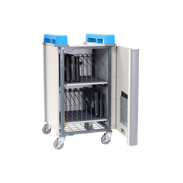 LapCabby 16 Port Charging Trolley Vertical Compact charges 16 devices up to 17 screen size – laptops and Chromebooks including protective cases.