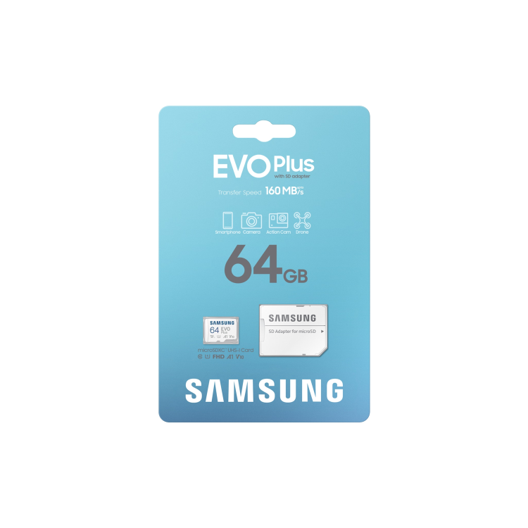 Samsung EVO Plus 64GB MicroSDXC Memory Card + microSD to SD adapter