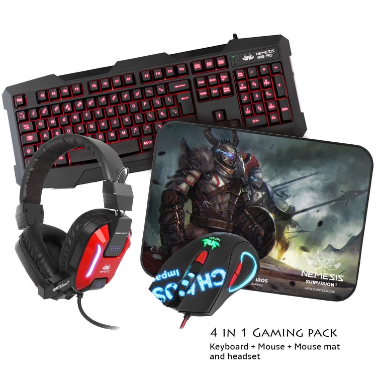 Sumvision - LED Gaming Keyboard Mouse Headset & Mouse Mat - Nemesis Kane Pro Edition 4 in 1 Chaos Pack