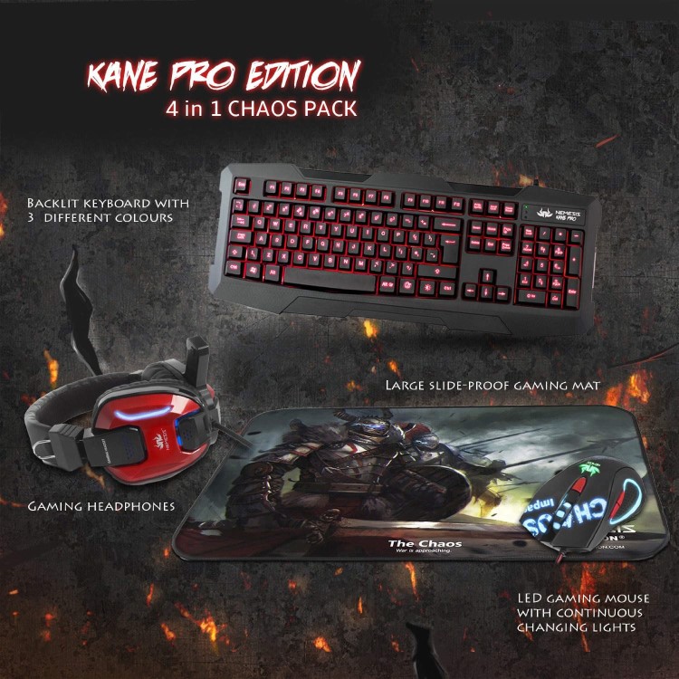 Sumvision - LED Gaming Keyboard Mouse Headset & Mouse Mat - Nemesis Kane Pro Edition 4 in 1 Chaos Pack