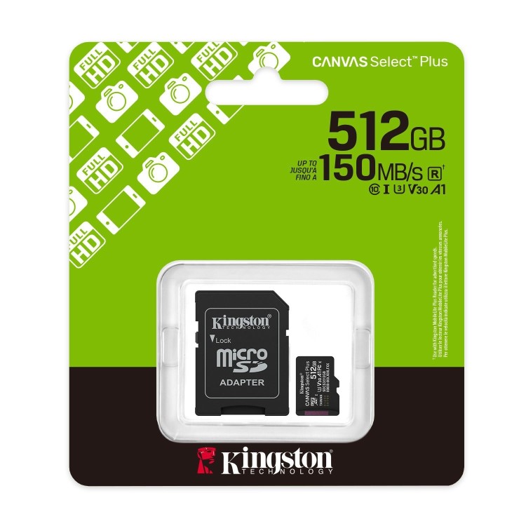 Kingston Canvas Select Plus 512GB microSDXC UHS-I Memory Card + microSD to SD adapter