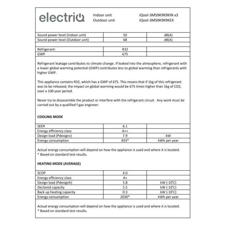electriQ iQool Multi-Split 3 x 9000 BTU Smart Wall Mounted Split Air Conditioner with Heat Pump - Pipe Kits Included